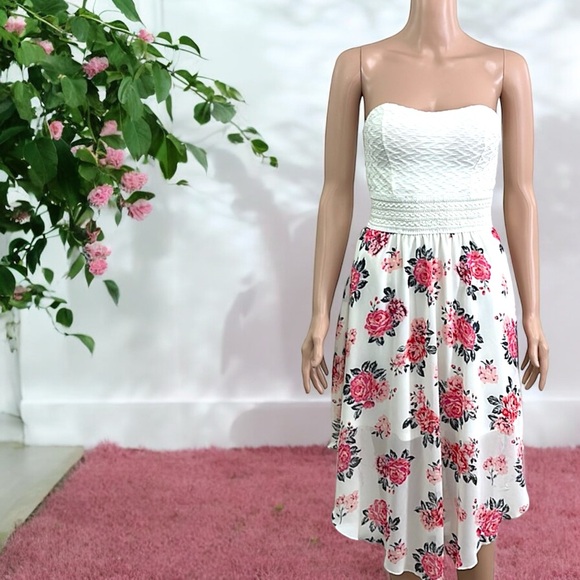 No Boundaries Strapless Floral Print Flowy Asymmetrical Chiffon Skirt Dress - Picture 3 of 16